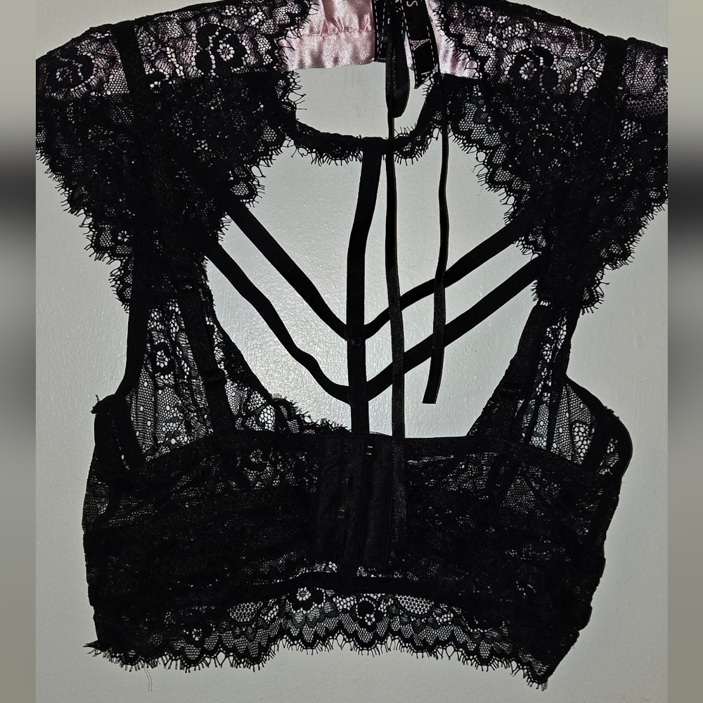 4 Pc Set Lace Cage Tie Collarbone Detail Mesh See Thru Skirt Garter Gloves Sexy - Picture 2 of 16